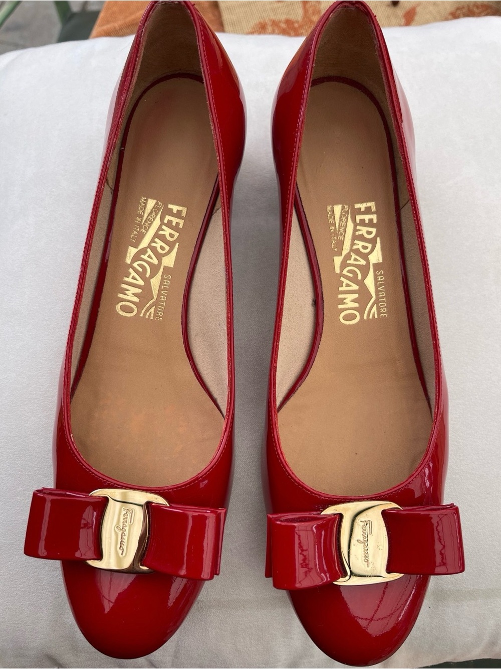 Salvatore Ferragamo Red Patent Leather Varina Bow Flats with Gold Logo